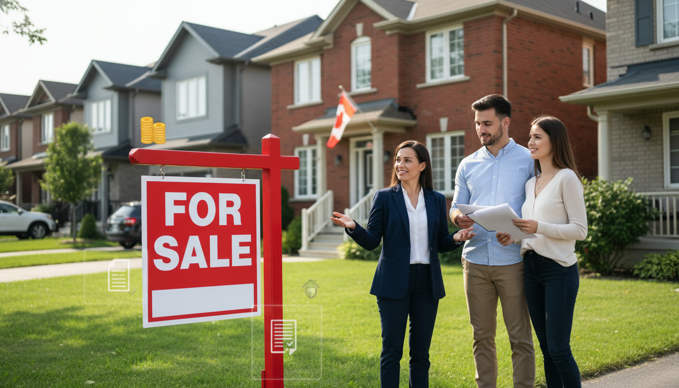 Realtor speaking with young couple in front of a Georgetown Ontario home with For Sale sign and icons representing government buyer programs.