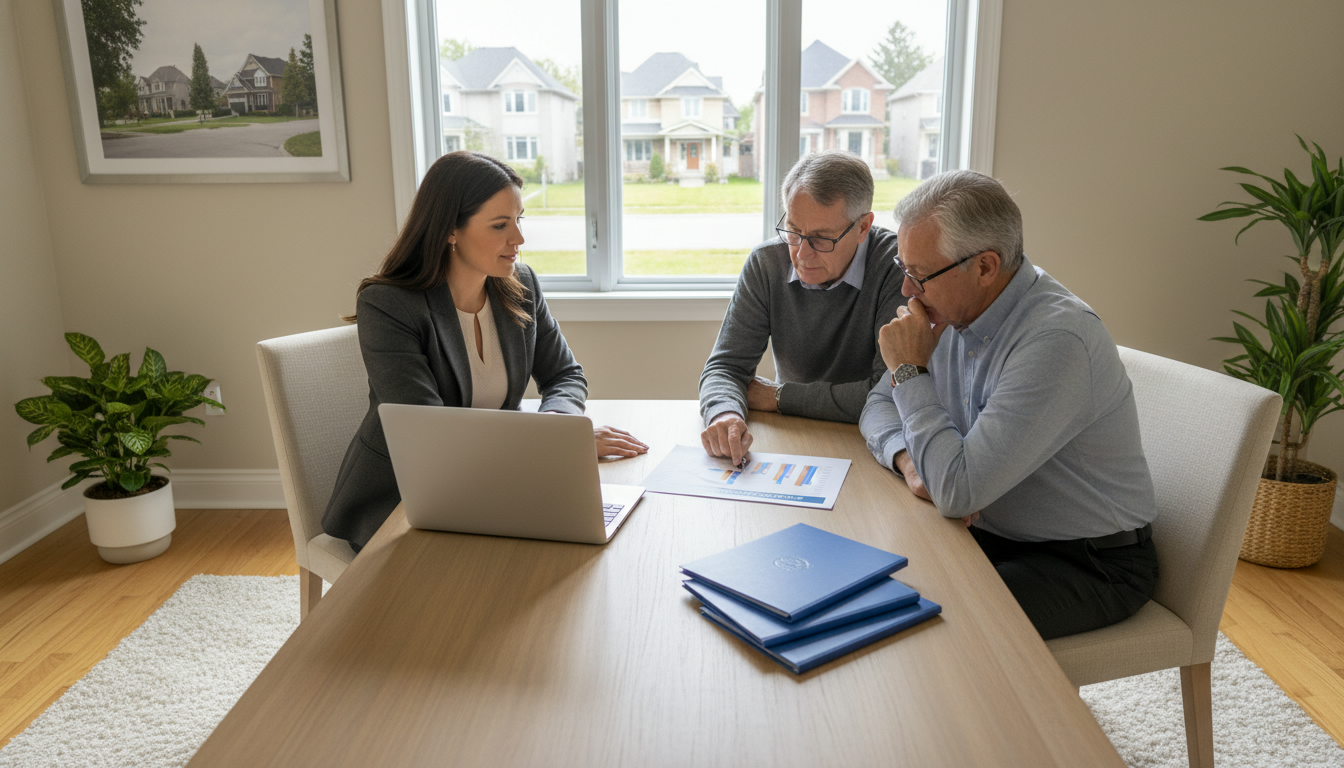 Realtor and home sellers reviewing offer packets at a table with a view of Georgetown neighbourhood through a window.