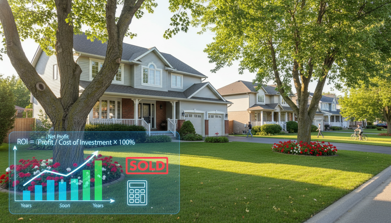 Georgetown Ontario home with financial charts overlay showing property ROI calculation and resale value indicators.