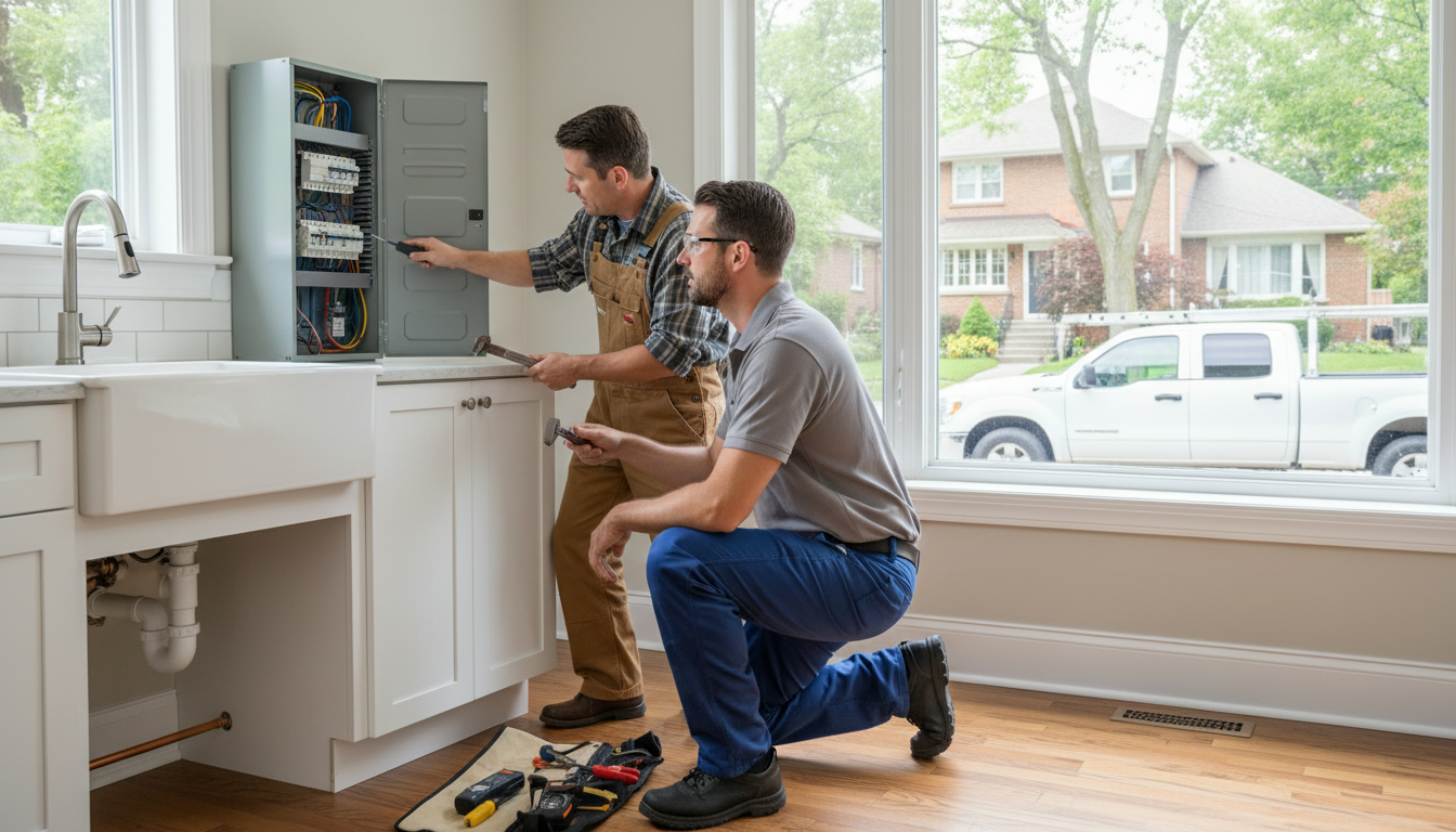 Electrician inspecting electrical panel and plumber checking pipes in a Georgetown, Ontario home