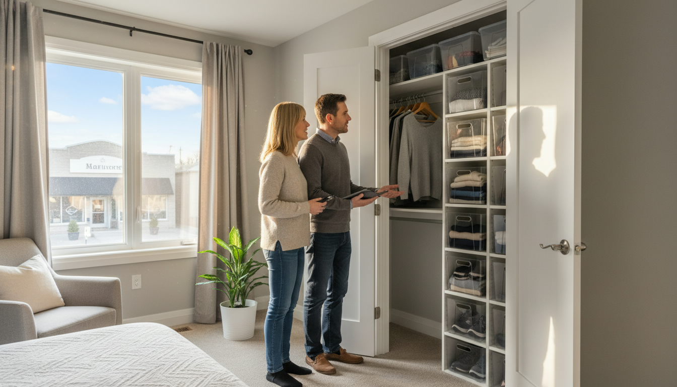 Realtor guiding buyers opening a closet during a staged home showing in Georgetown, Ontario