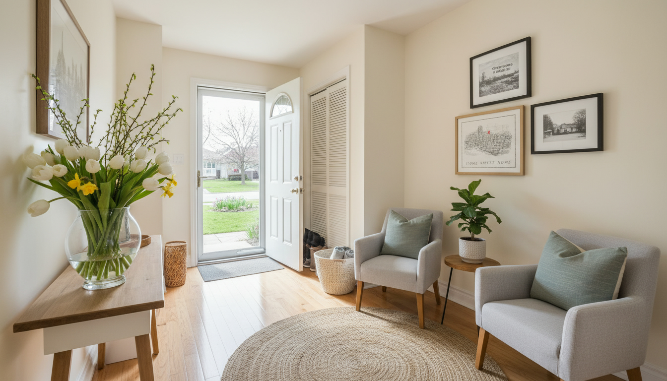 Staged clean interior of a home in Georgetown Ontario with bright entryway and hardwood floors