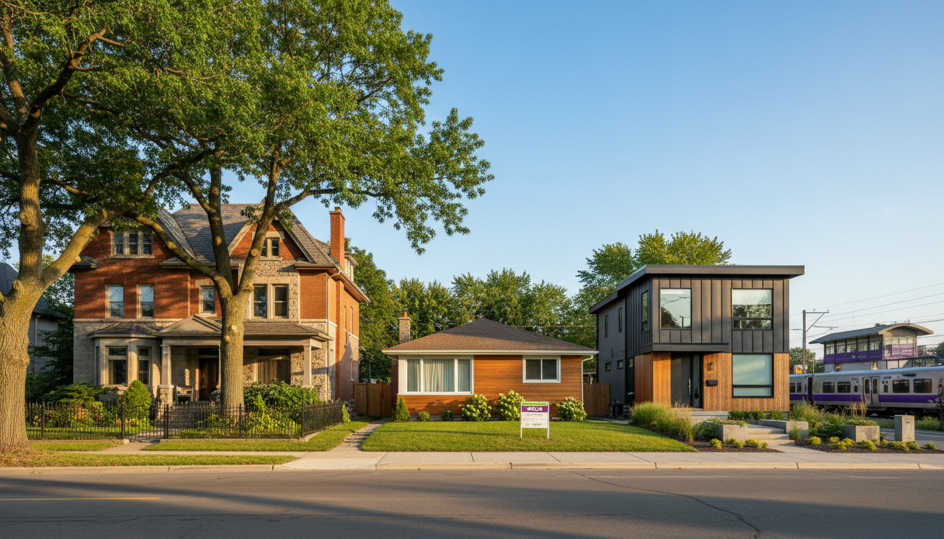 Row of historic, mid-century and modern homes in Georgetown, Ontario with GO train station in the background