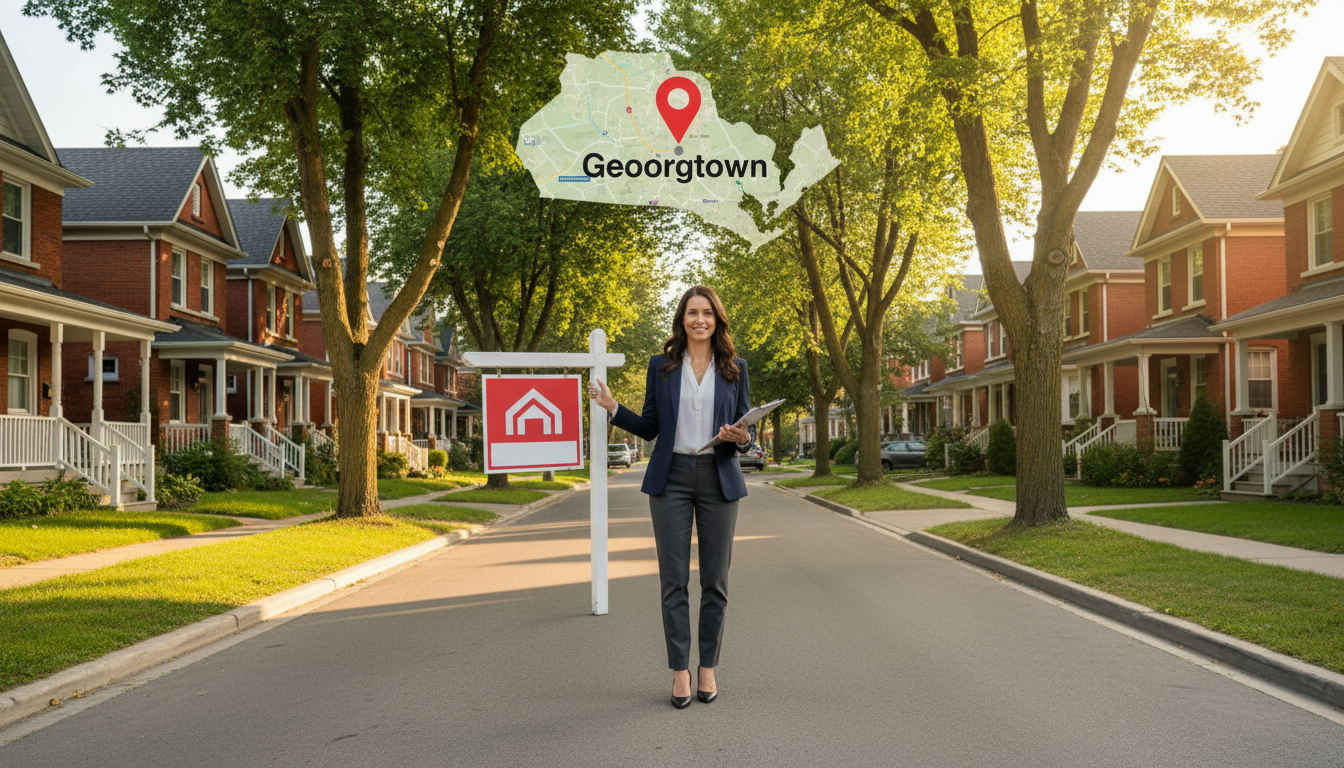 Local realtor holding a For Sale sign on a residential street in Georgetown, Ontario with a faint Ontario map overlay.