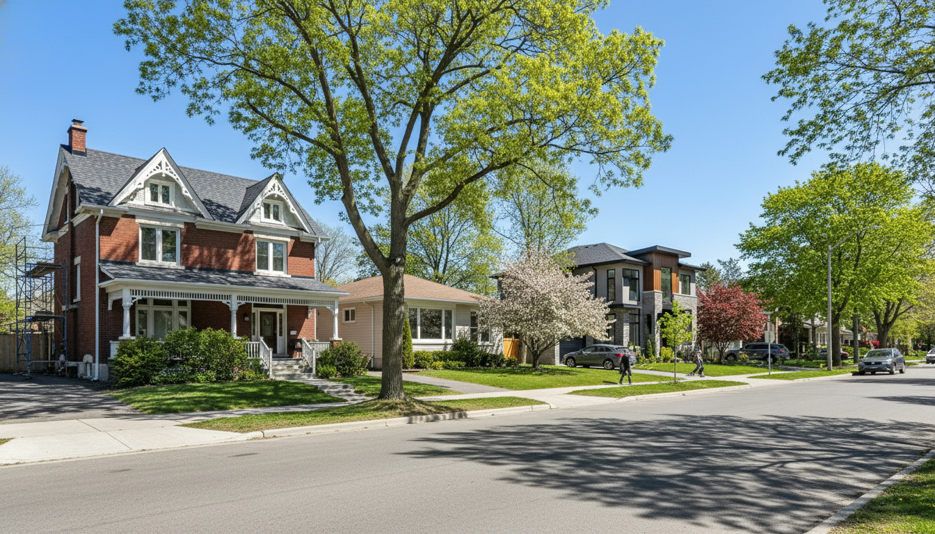 Georgetown Ontario street with a mix of old and new houses showing different property ages and maintenance conditions