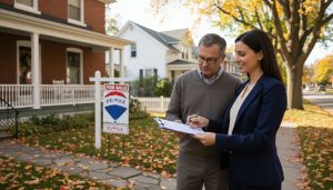 Realtor handing a listing agreement to a homeowner outside a house in Georgetown, Ontario with MLS sign.