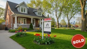 Georgetown Ontario home for sale in spring with for sale sign on front lawn and GTA skyline in distance