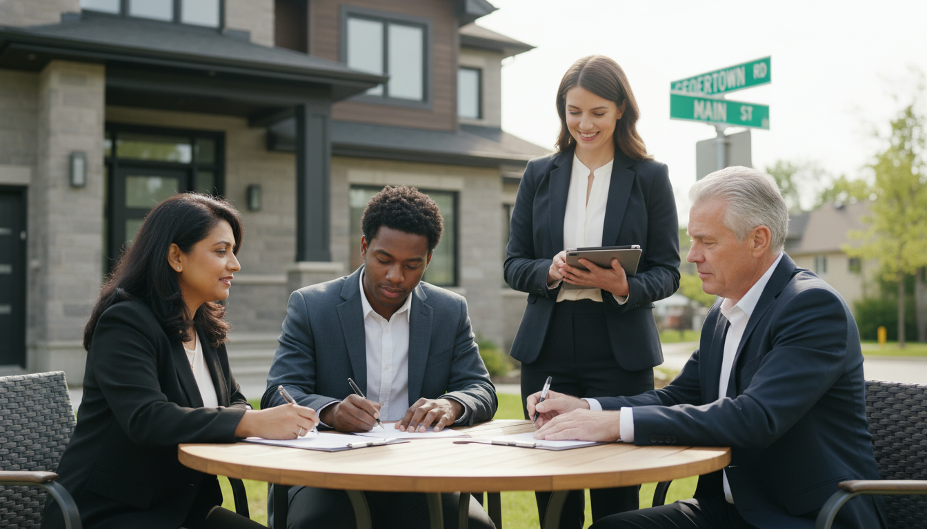Co-owners signing real estate documents outside a Georgetown, Ontario home with a lawyer and realtor present.