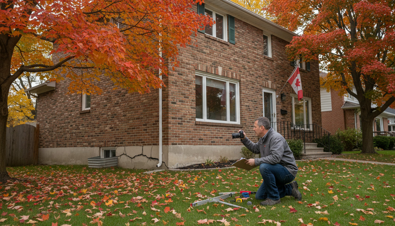 Inspector photographing foundation cracks on a Georgetown, Ontario brick home exterior with tools nearby.