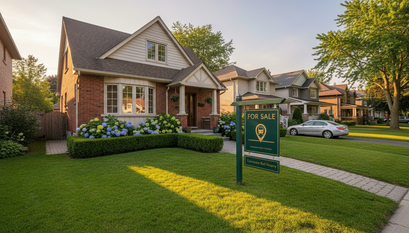 Well-staged Georgetown Ontario home with For Sale sign and map pin showing proximity to commuter rail station