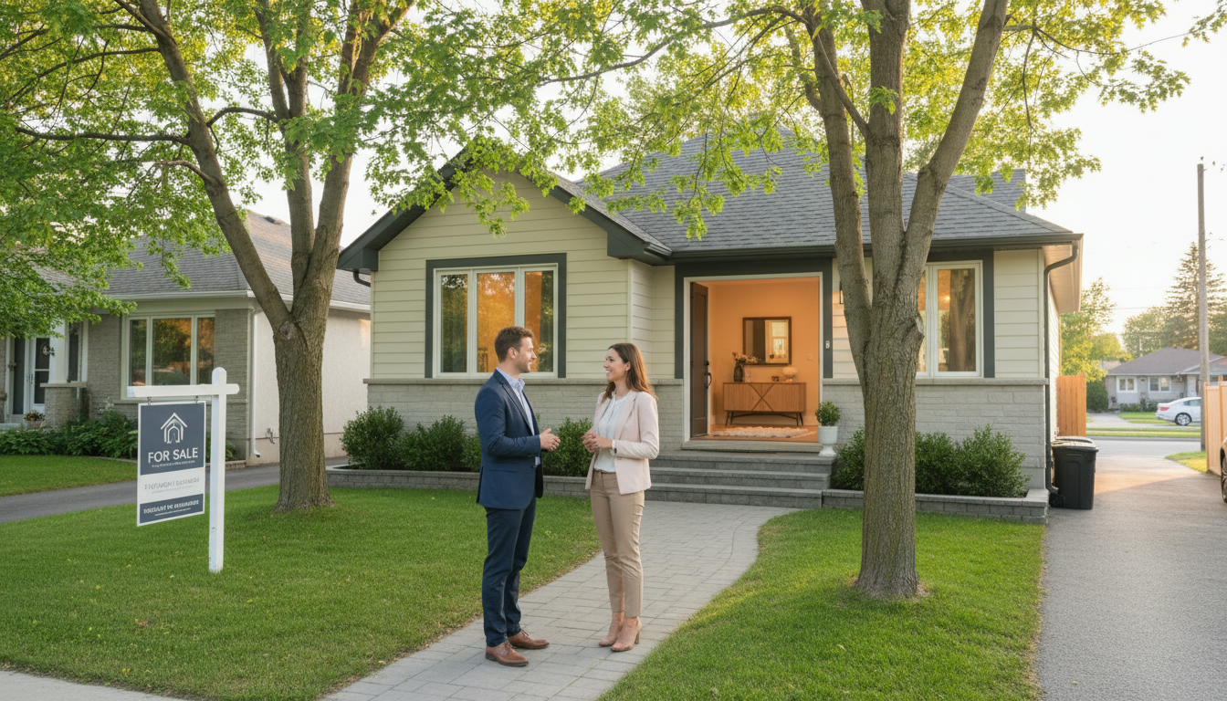 Realtor speaking with a smiling couple in front of a staged Georgetown Ontario home with a 'For Sale' sign and tidy front yard.