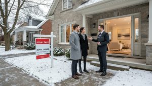 Real estate agent guiding buyers through a staged home in Georgetown, Ontario during an open house.