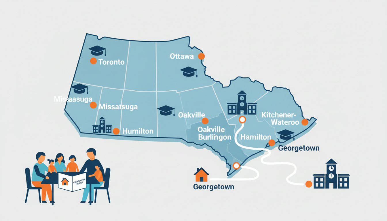 Infographic map of Ontario highlighting school locations and a family viewing a school map for Georgetown