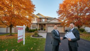 Staged Georgetown home with For Sale sign and agents reviewing multiple offers on a clipboard