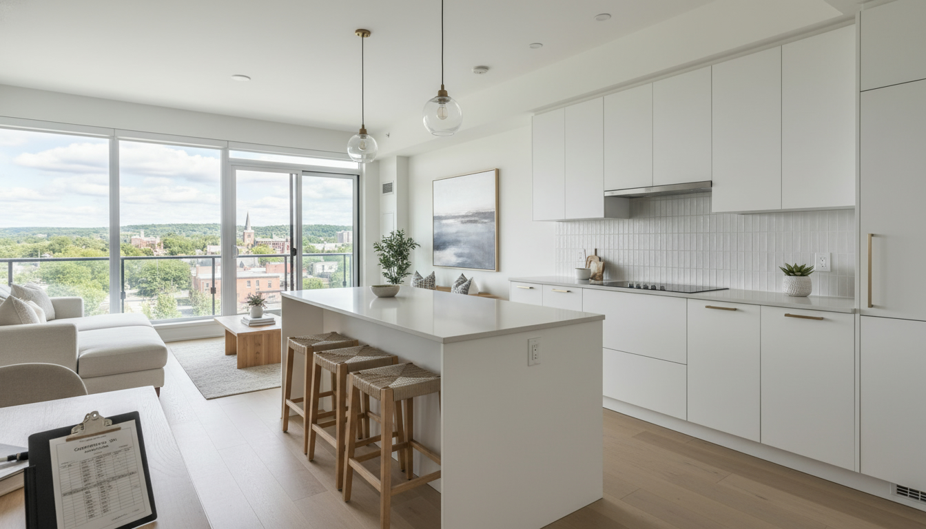 Renovated condo interior in Georgetown, ON with modern kitchen, acoustic flooring, and balcony view