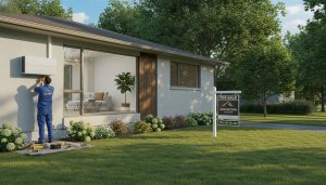 Home for sale in Georgetown Ontario with HVAC technician installing a ductless mini-split and a for sale sign on the lawn.