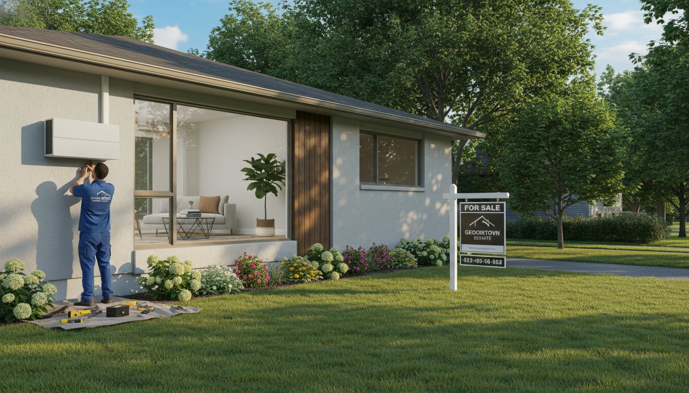 Home for sale in Georgetown Ontario with HVAC technician installing a ductless mini-split and a for sale sign on the lawn.