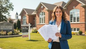 Real estate agent holding multiple offer documents outside two homes in Georgetown, Ontario with town signage in background