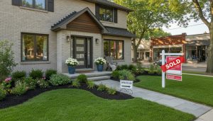 Staged Georgetown Ontario home exterior with manicured lawn and For Sale sign