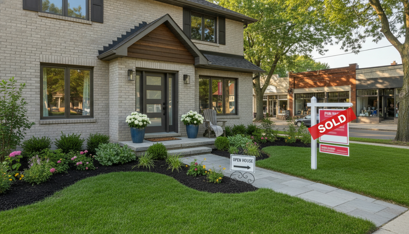Staged Georgetown Ontario home exterior with manicured lawn and For Sale sign