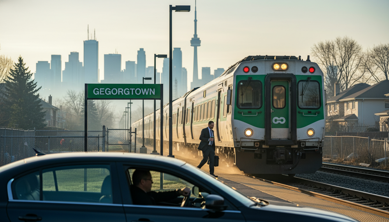 GO train arriving at Georgetown station with Toronto skyline in background, commuter walking with coffee
