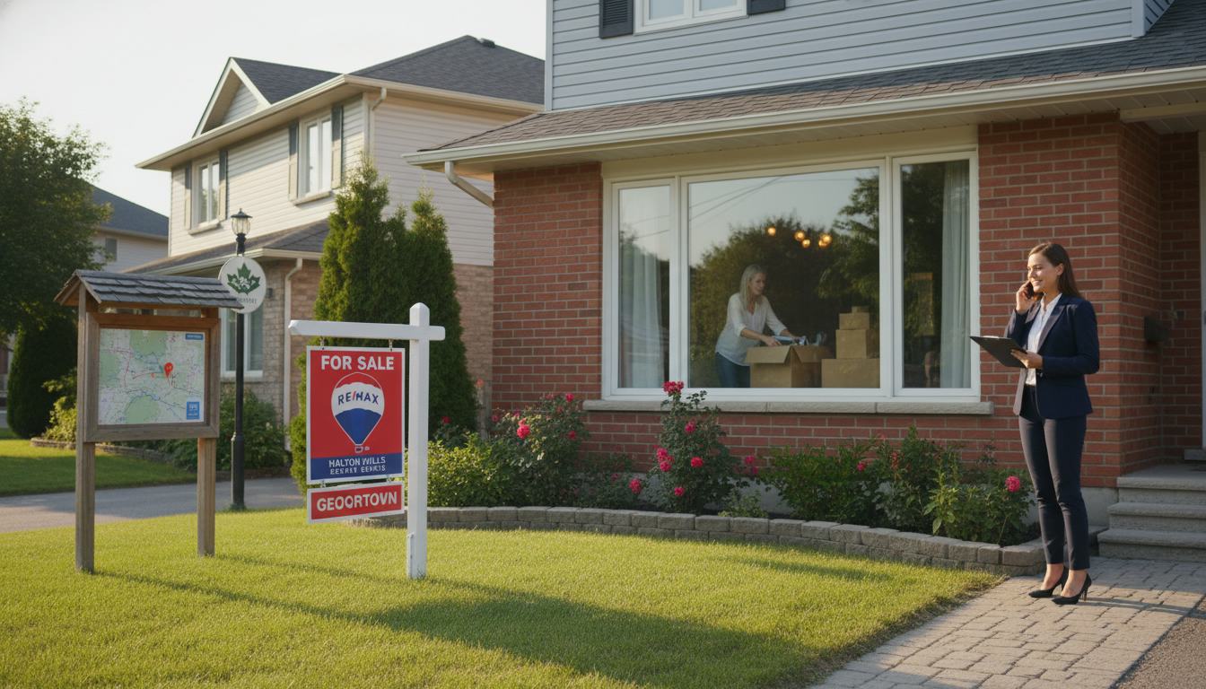Suburban Georgetown Ontario house with For Sale sign, homeowner packing boxes and real estate agent outside