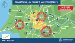 Map of Georgetown, Ontario highlighting high-demand neighbourhoods, transit, schools and market trend icons