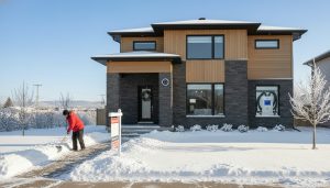 Georgetown Ontario house in winter with security camera, smart thermostat visible and 'For Sale' sign