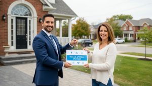 Realtor handing keys and move checklist to homeowner in front of a Georgetown, Ontario home with utility icons overlay.