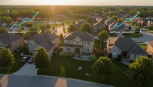 Aerial view of a Georgetown Ontario neighbourhood with a 'For Sale' sign and demand vs supply graph overlay