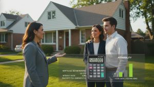 Realtor advising a couple with a calculator outside a Georgetown Ontario home showing mortgage numbers