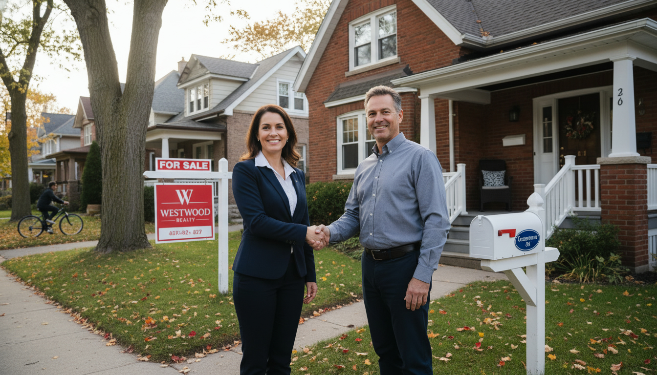 Home seller consulting real estate agent outside a Georgetown, Ontario home with a 'For Sale' sign