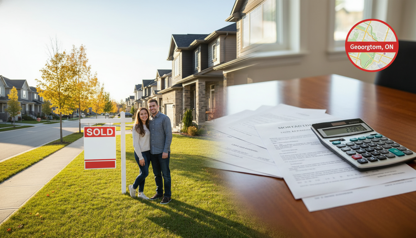 Sold sign outside a Georgetown, Ontario house with mortgage documents and calculator on a table