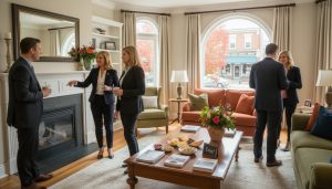 Staged Georgetown home with real estate agents attending a brokers open preview, brochures on table, natural light