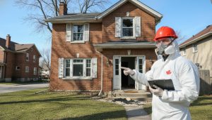 Home inspector in PPE examining an older brick house in Georgetown, Ontario, with visual cues of popcorn ceiling and painted window trim.