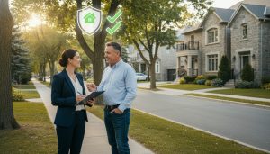 Realtor with insurance documents on a Georgetown, Ontario street protecting a home seller