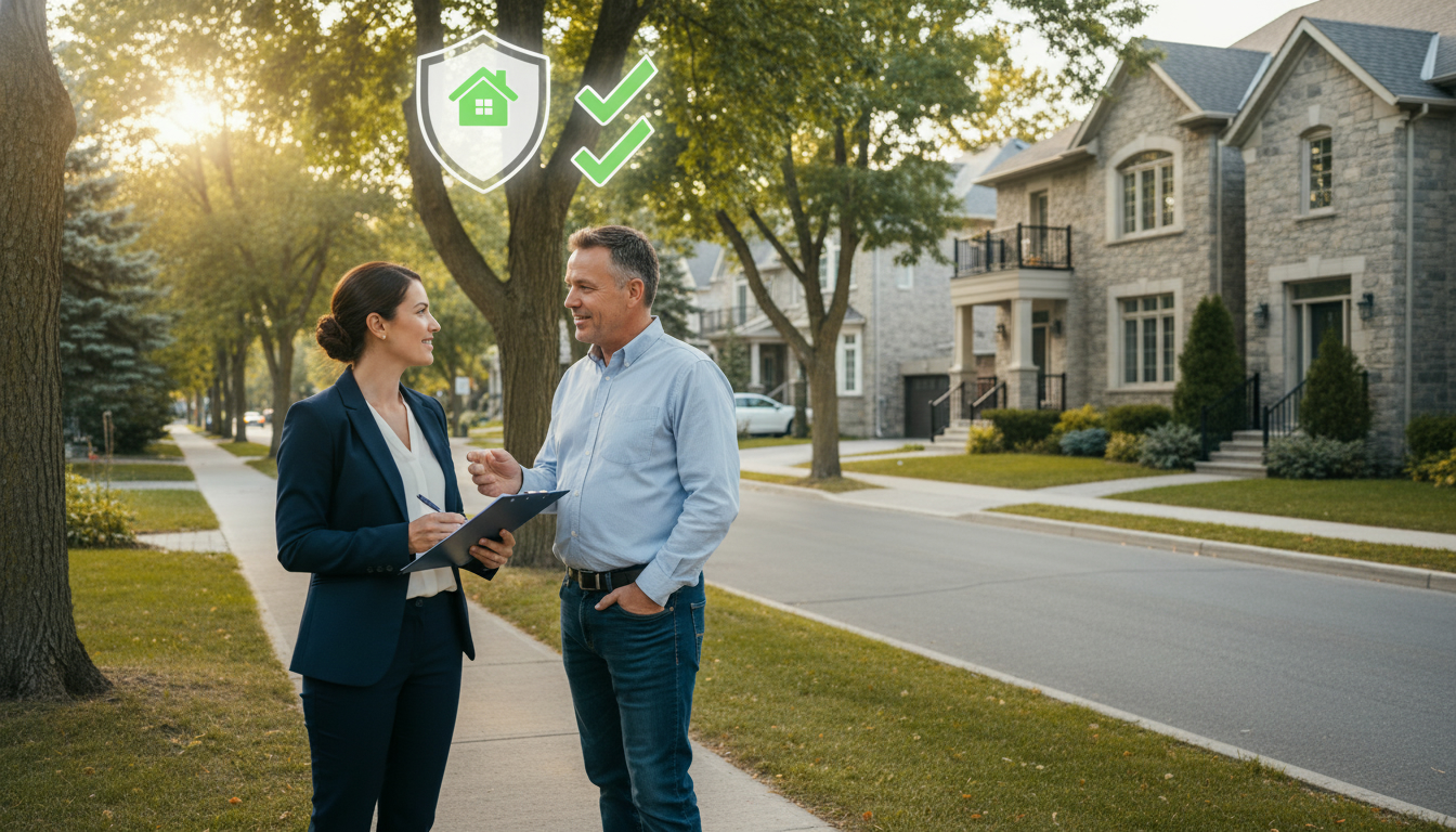 Realtor with insurance documents on a Georgetown, Ontario street protecting a home seller