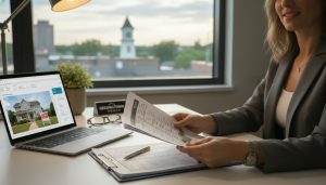 Realtor reviewing tax documents and house key with Georgetown, Ontario skyline in background