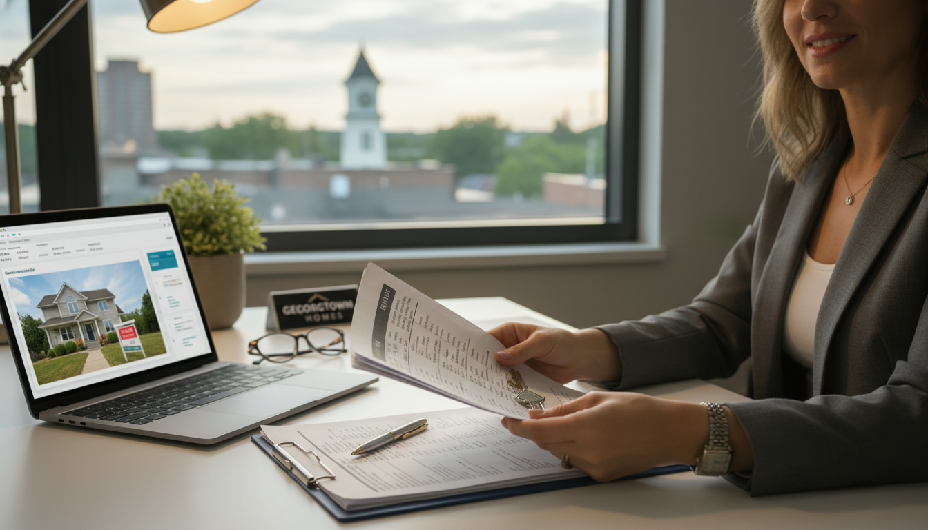 Realtor reviewing tax documents and house key with Georgetown, Ontario skyline in background