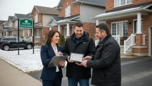 Realtor and buyer inspecting repairs at a Georgetown, Ontario home with contractor showing an invoice on a tablet.