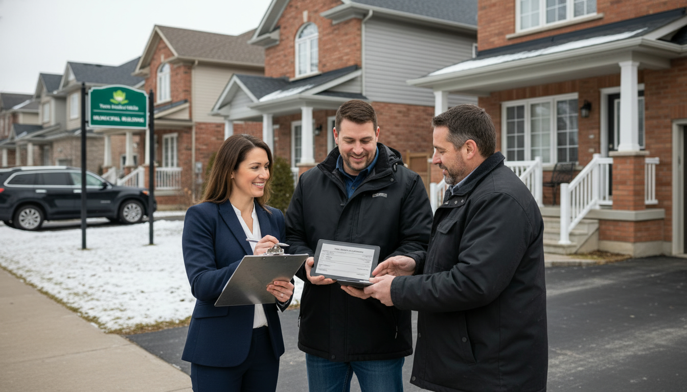 Realtor and buyer inspecting repairs at a Georgetown, Ontario home with contractor showing an invoice on a tablet.