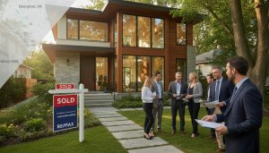 Georgetown home with sold sign, buyers and agents discussing offers, map overlay for Georgetown ON