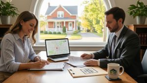 Home seller signing closing documents at a lawyer's office in Georgetown, Ontario with a Georgetown street visible through the window.
