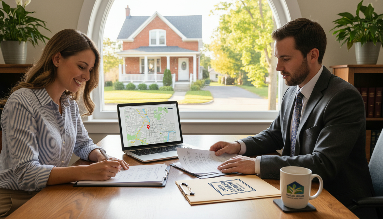 Home seller signing closing documents at a lawyer's office in Georgetown, Ontario with a Georgetown street visible through the window.
