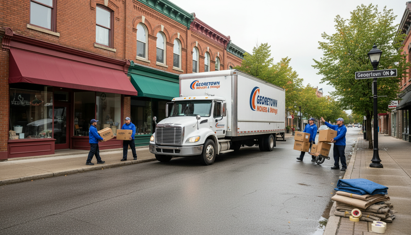 Professional moving truck and movers carrying labeled boxes in downtown Georgetown, Ontario
