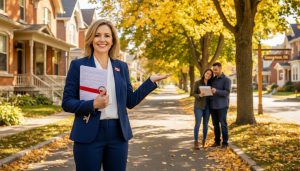 Realtor holding mortgage documents and keys in front of Georgetown, Ontario homes