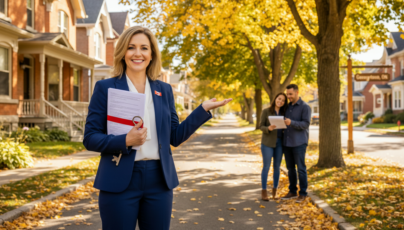 Realtor holding mortgage documents and keys in front of Georgetown, Ontario homes