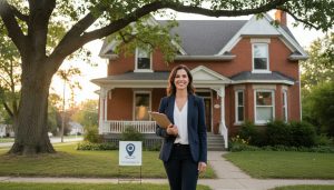 Real estate agent outside a Victorian-style home in Georgetown, Ontario with a For Sale sign and map pin labeled Georgetown, ON.
