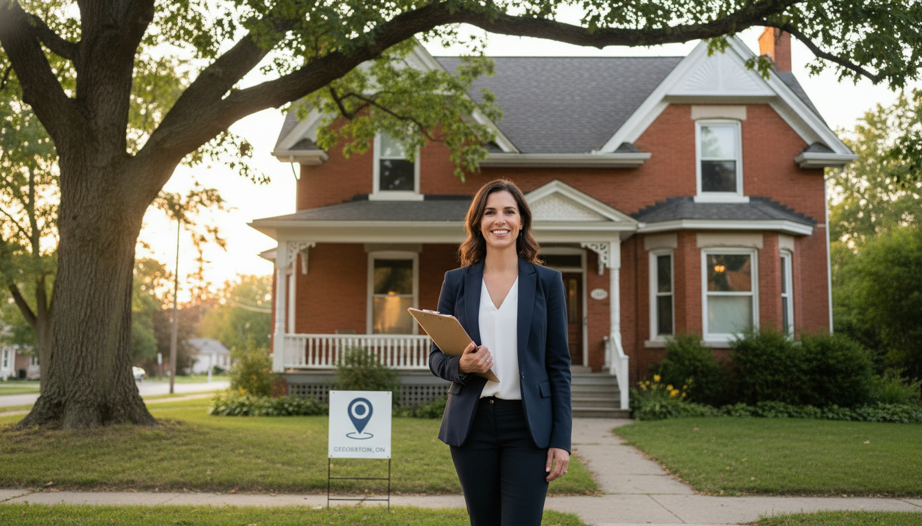 Real estate agent outside a Victorian-style home in Georgetown, Ontario with a For Sale sign and map pin labeled Georgetown, ON.