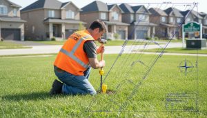 Ontario land surveyor placing a property survey marker with overlay of a detailed survey map on a Georgetown, Ontario residential lot.